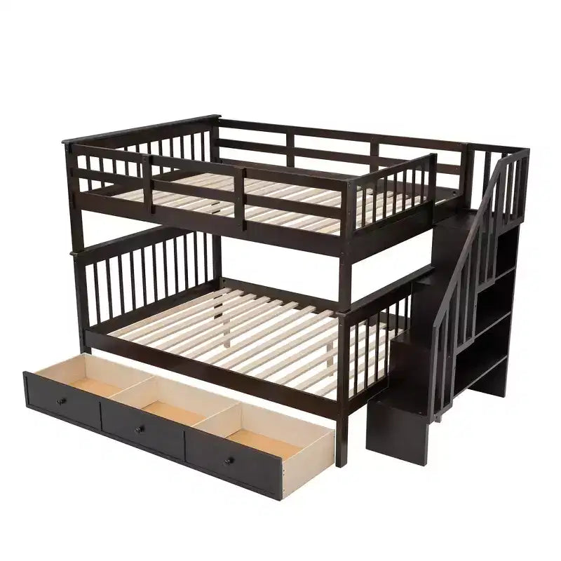 Lit superposé double Whisen avec tiroir, rangement et barrière de sécurité pour chambre à coucher