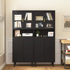 Bibliothèque haute avec portes en verre trempé, planches réglables, 4 portes en MDF laqué, Blanc, Rangement salon et chambre