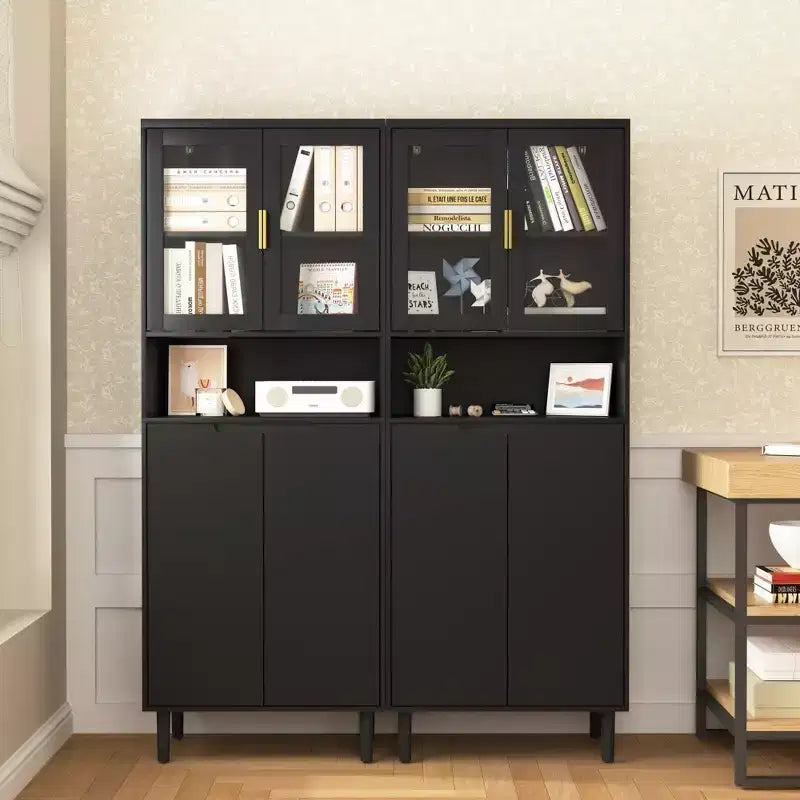 Bibliothèque haute avec portes en verre trempé, planches réglables, 4 portes en MDF laqué, Blanc, Rangement salon et chambre