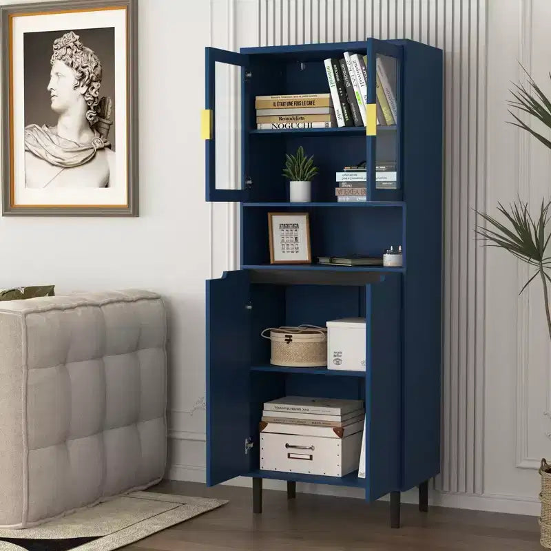 Bibliothèque haute avec portes en verre trempé, planches réglables, 4 portes en MDF laqué, Blanc, Rangement salon et chambre