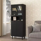 Bibliothèque haute avec portes en verre trempé, planches réglables, 4 portes en MDF laqué, Blanc, Rangement salon et chambre