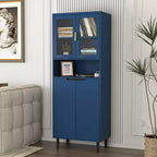 Bibliothèque haute avec portes en verre trempé, planches réglables, 4 portes en MDF laqué, Blanc, Rangement salon et chambre