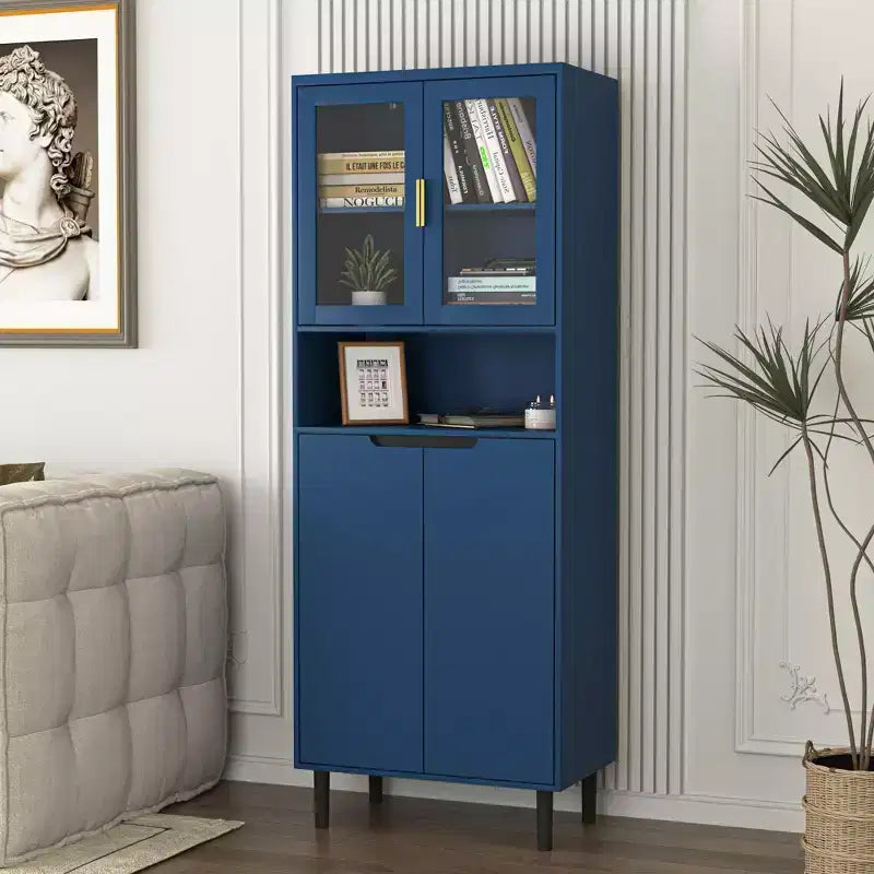 Bibliothèque haute avec portes en verre trempé, planches réglables, 4 portes en MDF laqué, Blanc, Rangement salon et chambre