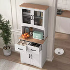 Meuble de Cuisine en Bois Blanc, Armoire de Rangement pour Cellier, Meuble Micro-Ondes avec Portes Vitrées et Tiroir