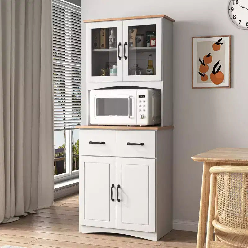 Meuble de Cuisine en Bois Blanc, Armoire de Rangement pour Cellier, Meuble Micro-Ondes avec Portes Vitrées et Tiroir