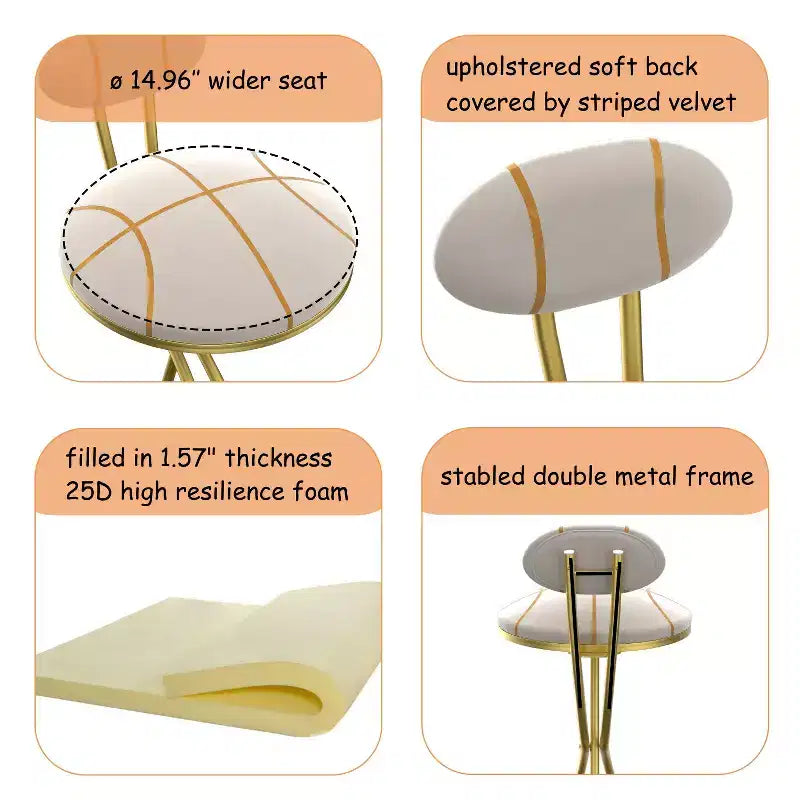 Tabourets de bar ronds Vatros, chaises de comptoir modernes rembourrées en velours pour salle à manger
