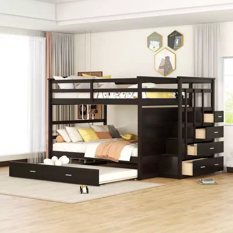 Full Over Full Bunk Bed with Twin Trundle, Storage Drawers & Staircase, Wooden Loft Bed Frame - ModernLuxe