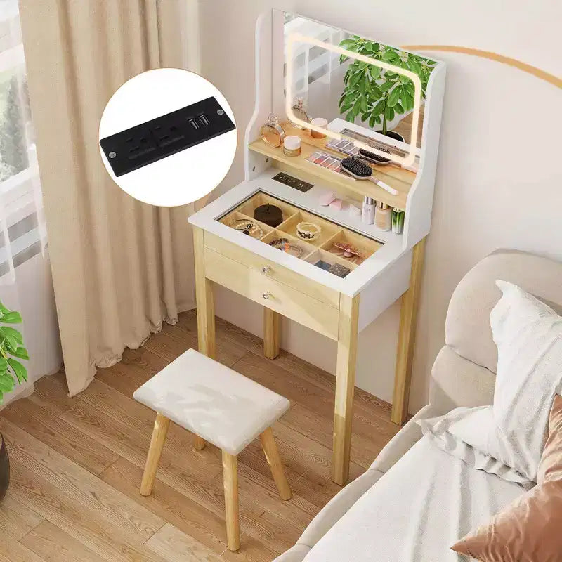Coiffeuse Costway avec miroir LED réglable et prises de courant, petite, blanc