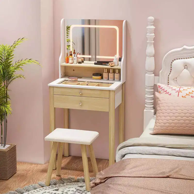 Coiffeuse Costway avec miroir LED réglable et prises de courant, petite, blanc