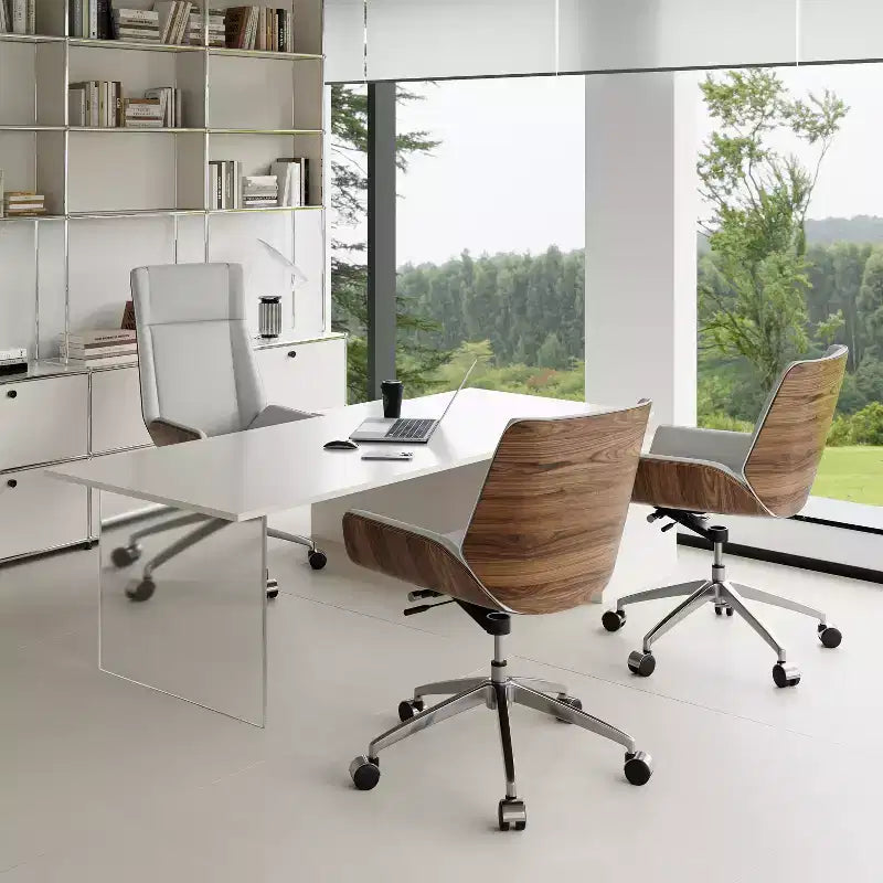 Tree City - Fauteuil de Bureau Pivotant Mid-Century Modern avec Dossier en Bois Courbé Noyer et Assise en Similicuir, Hauteur Réglable et Piètement à Roulettes
