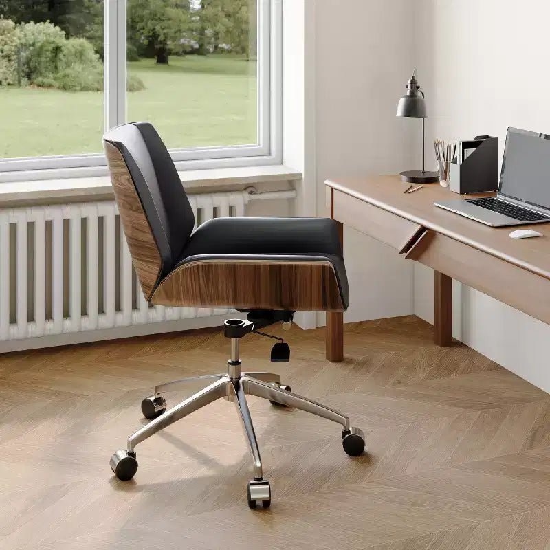 Tree City - Fauteuil de Bureau Pivotant Mid-Century Modern avec Dossier en Bois Courbé Noyer et Assise en Similicuir, Hauteur Réglable et Piètement à Roulettes
