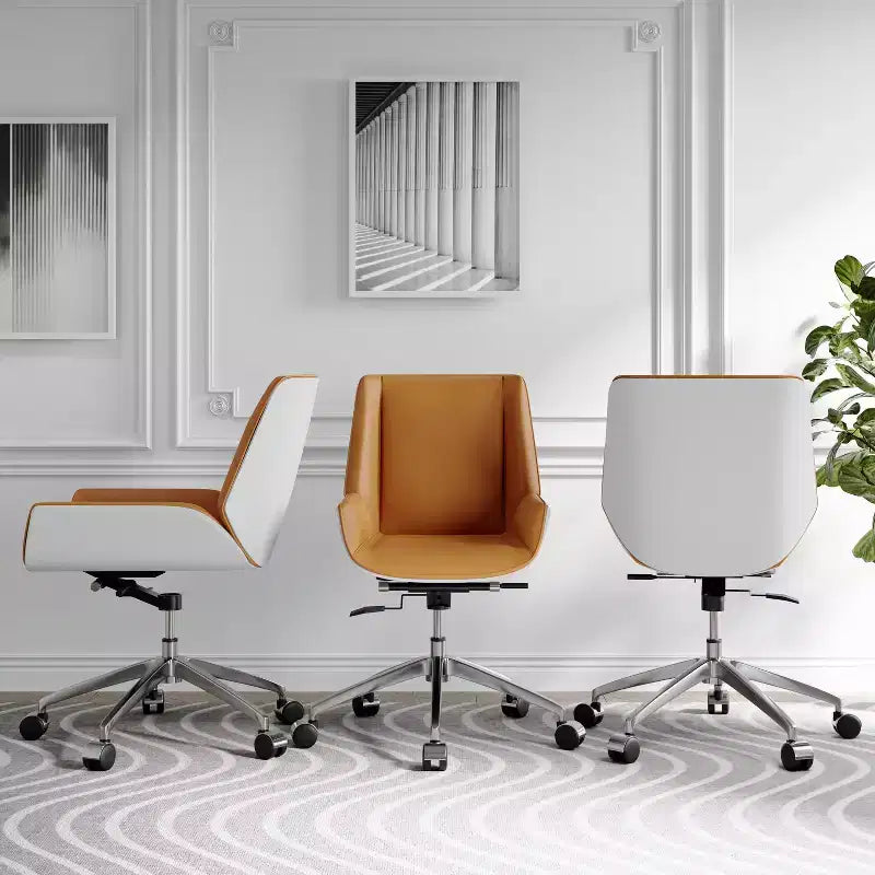 Tree City - Fauteuil de Bureau Pivotant Mid-Century Modern avec Dossier en Bois Courbé Noyer et Assise en Similicuir, Hauteur Réglable et Piètement à Roulettes