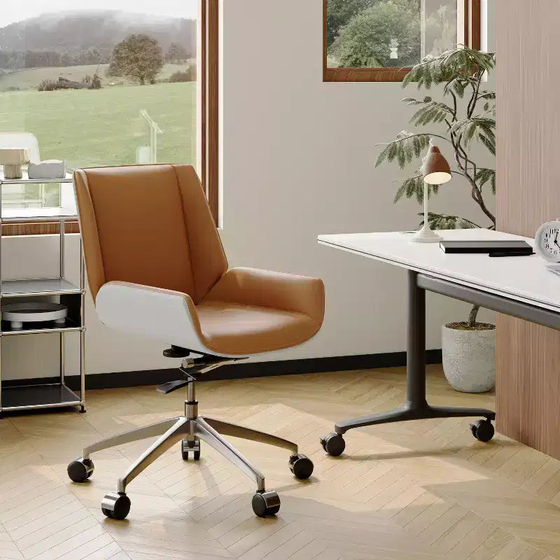 Tree City - Fauteuil de Bureau Pivotant Mid-Century Modern avec Dossier en Bois Courbé Noyer et Assise en Similicuir, Hauteur Réglable et Piètement à Roulettes