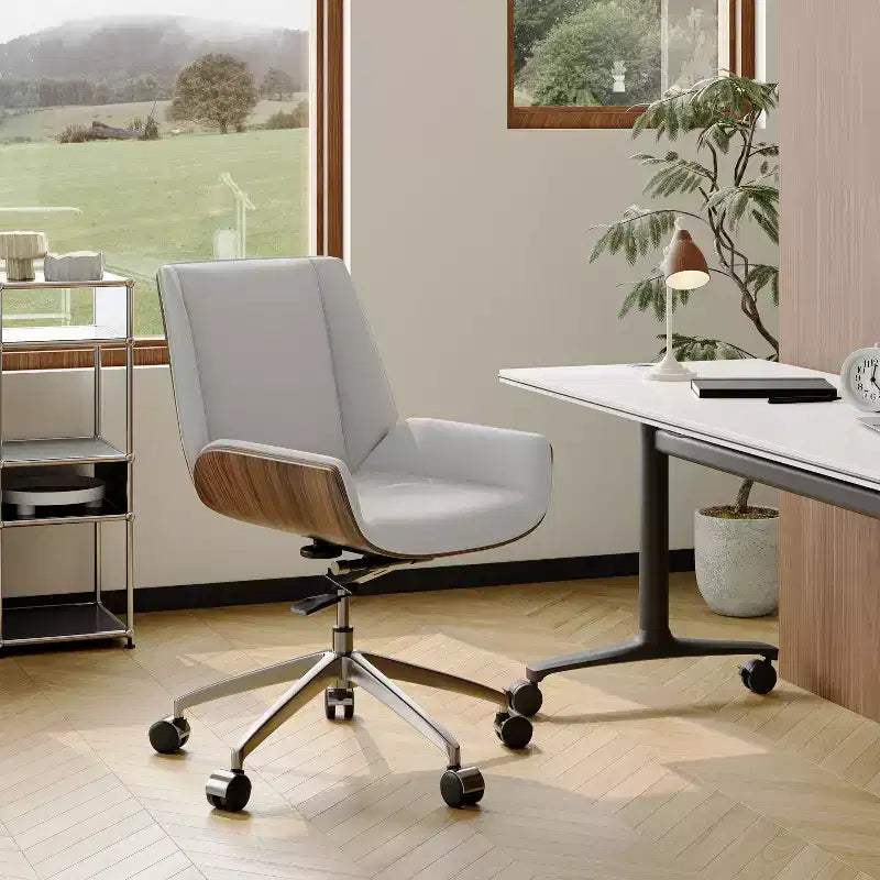 Tree City - Fauteuil de Bureau Pivotant Mid-Century Modern avec Dossier en Bois Courbé Noyer et Assise en Similicuir, Hauteur Réglable et Piètement à Roulettes