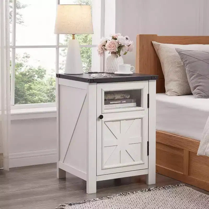 Table de chevet avec station de recharge, table de chevet de style rustique de 45 cm avec étagère réglable, table d'appoint en bois rustique