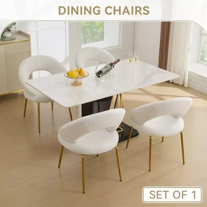 Lot de 1 chaises de salle à manger en tissu Teddy avec dossier incurvé et pieds en métal doré pour cuisine ou salle à manger, blanc