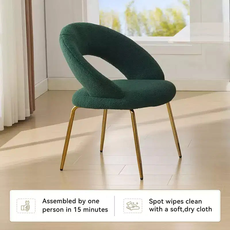 Lot de 1 chaises de salle à manger en tissu Teddy avec dossier incurvé et pieds en métal doré pour cuisine ou salle à manger, blanc