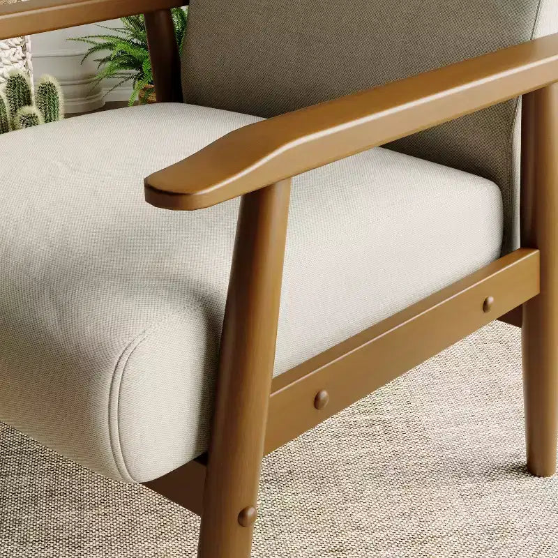 Tree City - Fauteuil d'appoint en lin de style Mid-Century avec cadre en bois massif, blanc cassé