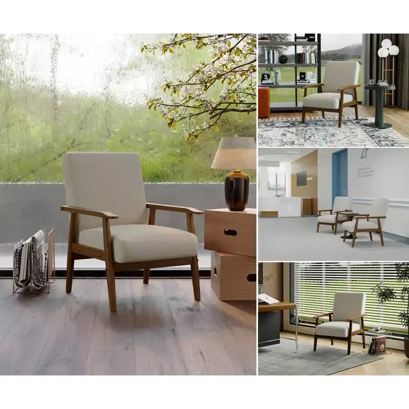 Tree City - Fauteuil d'appoint en lin de style Mid-Century avec cadre en bois massif, blanc cassé