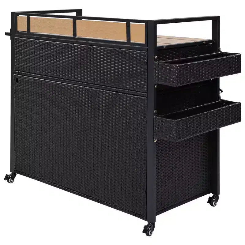 Chariot de grillades d'extérieur en osier de 52,8 po avec plateau de table extensible, îlot de cuisine roulant avec grand espace de rangement, étagères à épices et roues verrouillables - ModernLuxe