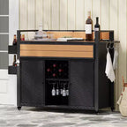 Chariot de grillades d'extérieur en osier de 52,8 po avec plateau de table extensible, îlot de cuisine roulant avec grand espace de rangement, étagères à épices et roues verrouillables - ModernLuxe