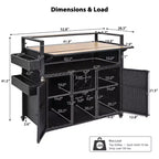 Chariot de grillades d'extérieur en osier de 52,8 po avec plateau de table extensible, îlot de cuisine roulant avec grand espace de rangement, étagères à épices et roues verrouillables - ModernLuxe