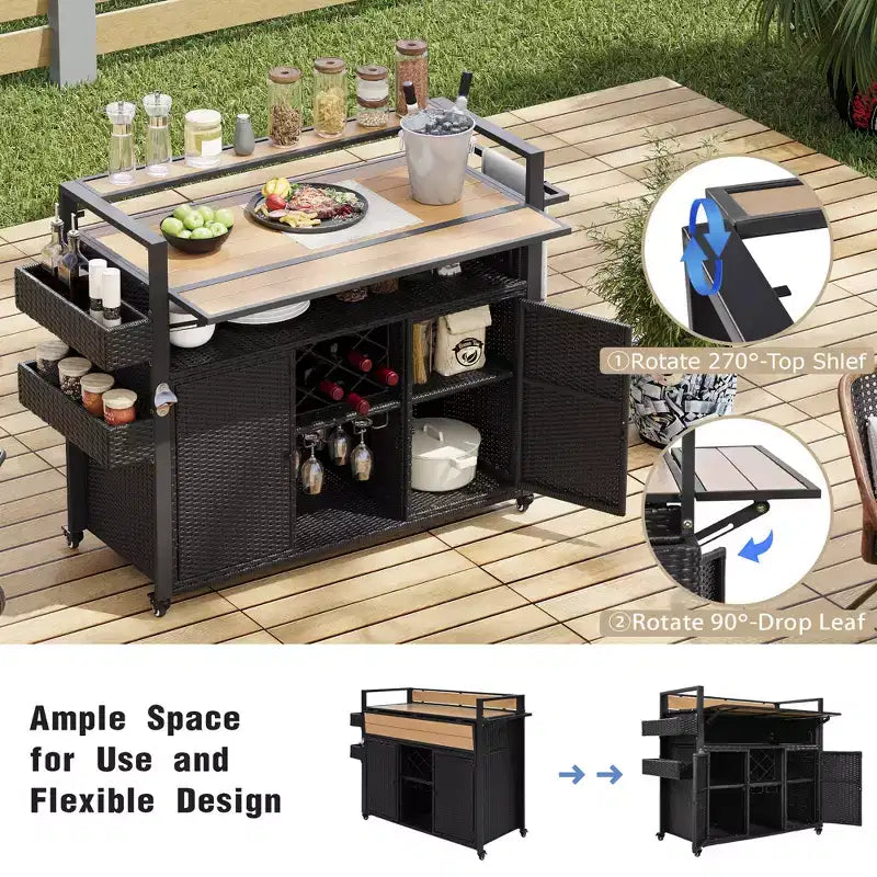 Chariot de grillades d'extérieur en osier de 52,8 po avec plateau de table extensible, îlot de cuisine roulant avec grand espace de rangement, étagères à épices et roues verrouillables - ModernLuxe