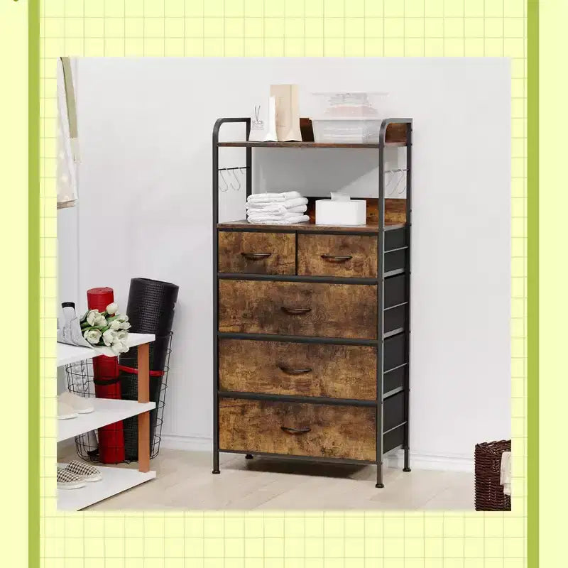Garvee Commode à 5 tiroirs pour Chambre à Coucher – Tour de rangement en tissu avec plateau en bois, cadre en acier robuste, commodes à poignée facile à tirer