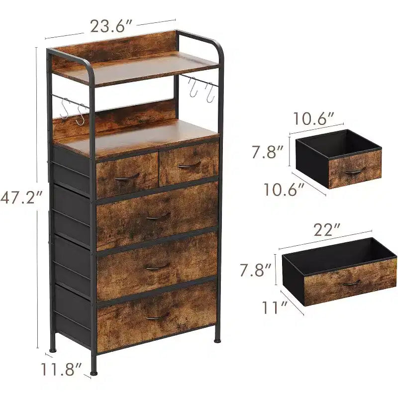 Garvee Commode à 5 tiroirs pour Chambre à Coucher – Tour de rangement en tissu avec plateau en bois, cadre en acier robuste, commodes à poignée facile à tirer