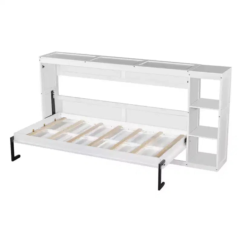Lit escamotable simple Whisen avec étagère et rangement intégrés – Design LVL/MDF robuste et peu encombrant, pas besoin de sommier tapissier