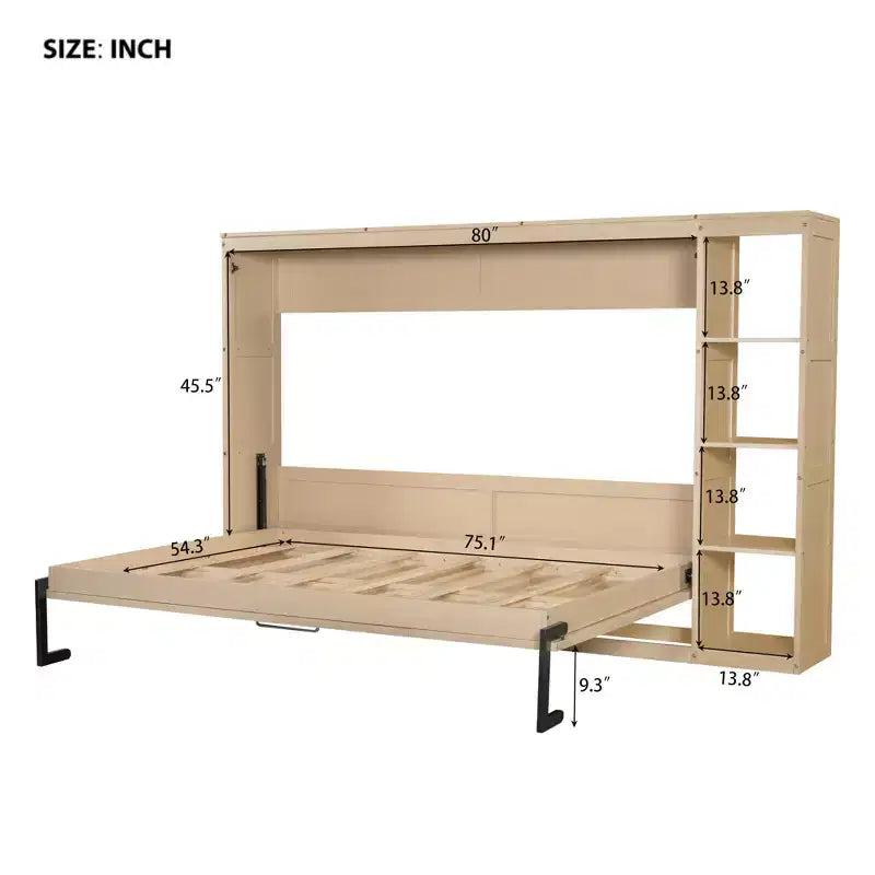 Lit escamotable simple Whisen avec étagère et rangement intégrés – Design LVL/MDF robuste et peu encombrant, pas besoin de sommier tapissier