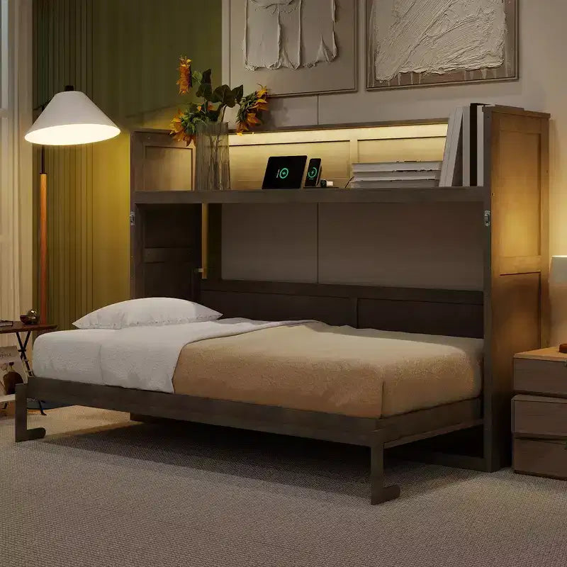 Lit escamotable simple Whisen avec étagère et rangement intégrés – Design LVL/MDF robuste et peu encombrant, pas besoin de sommier tapissier