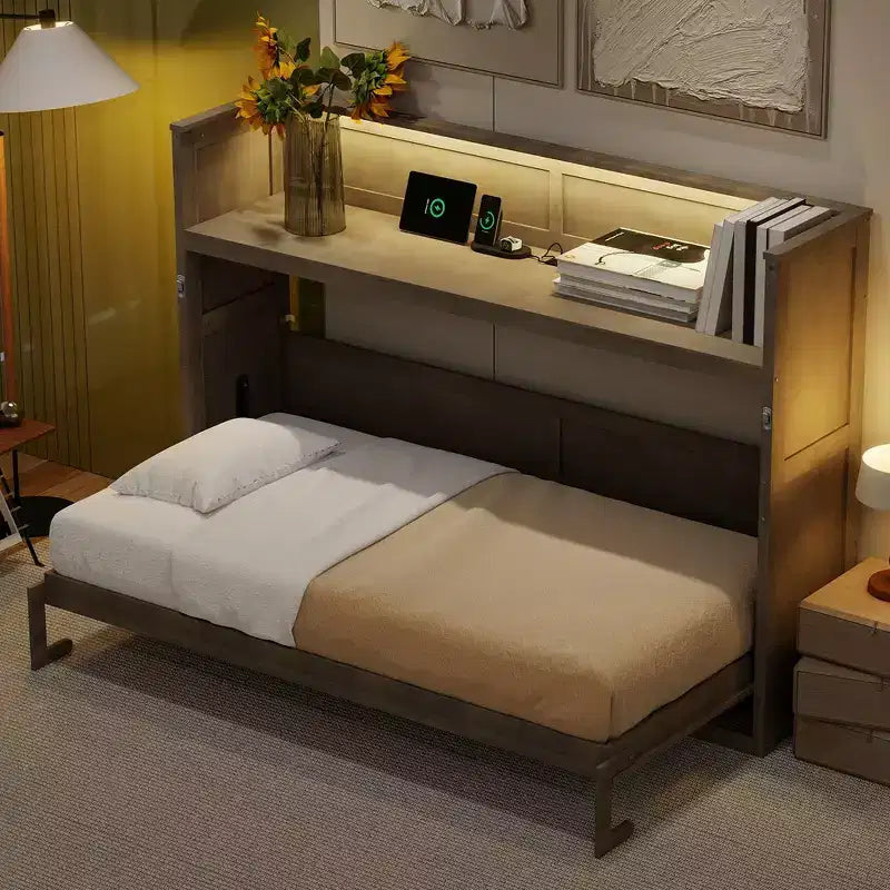 Lit escamotable simple Whisen avec étagère et rangement intégrés – Design LVL/MDF robuste et peu encombrant, pas besoin de sommier tapissier