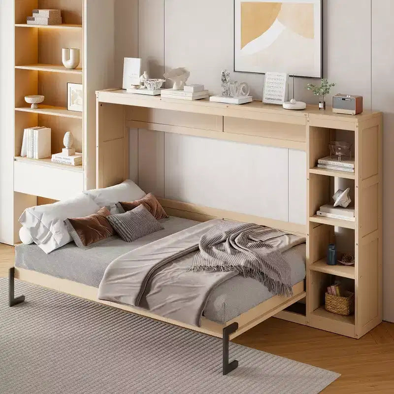 Lit escamotable simple Whisen avec étagère et rangement intégrés – Design LVL/MDF robuste et peu encombrant, pas besoin de sommier tapissier