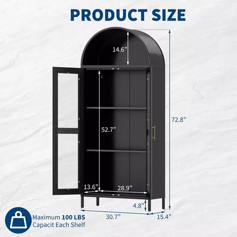 Armoire de rangement haute arquée de 73 po, Meuble de rangement polyvalent avec porte vitrée, 2 étagères réglables, Bibliothèque arquée de style ferme moderne