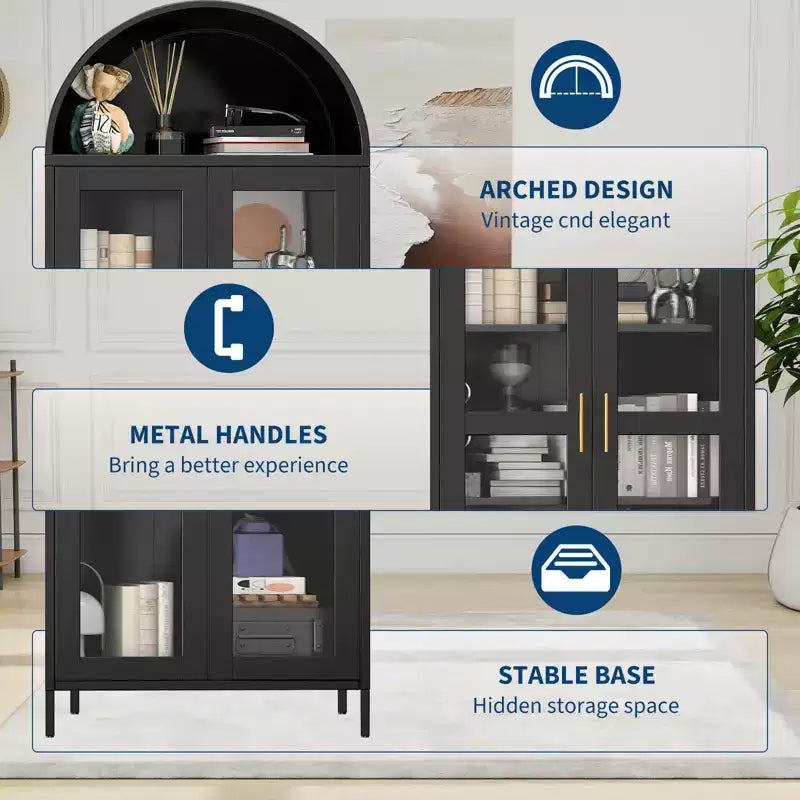 Armoire de rangement haute arquée de 73 po, Meuble de rangement polyvalent avec porte vitrée, 2 étagères réglables, Bibliothèque arquée de style ferme moderne