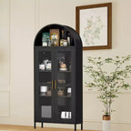 Armoire de rangement haute arquée de 73 po, Meuble de rangement polyvalent avec porte vitrée, 2 étagères réglables, Bibliothèque arquée de style ferme moderne