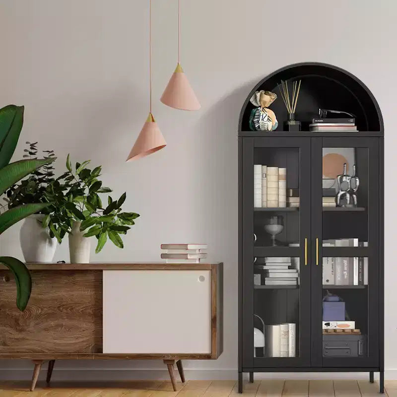 Armoire de rangement haute arquée de 73 po, Meuble de rangement polyvalent avec porte vitrée, 2 étagères réglables, Bibliothèque arquée de style ferme moderne