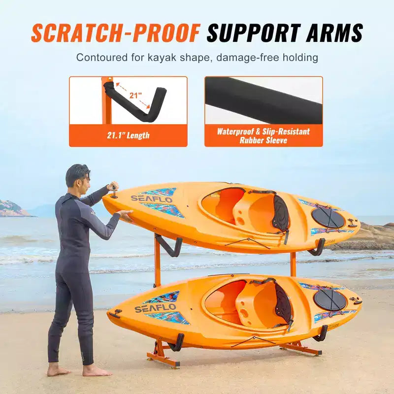 Support de rangement autoportant pour kayak VEVOR, support de kayak pour 2 kayaks, canoës et planches à pagaie avec bras rembourrés et largeur réglable, charge maximale de 79 kg