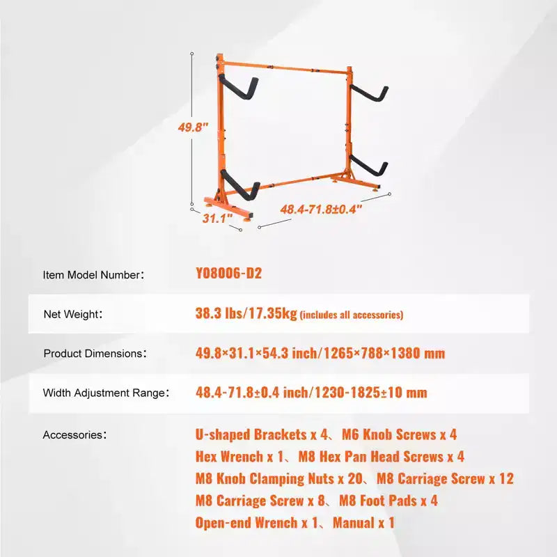 Support de rangement autoportant pour kayak VEVOR, support de kayak pour 2 kayaks, canoës et planches à pagaie avec bras rembourrés et largeur réglable, charge maximale de 79 kg