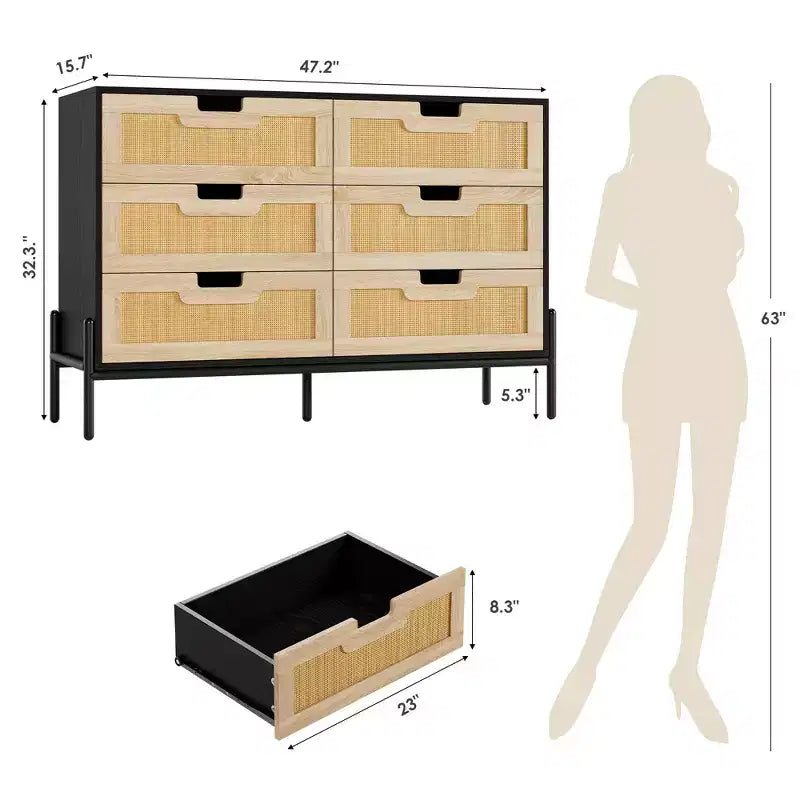 Commode haute Whizmax à 6 tiroirs pour chambre, organisateur de rangement en rotin pour placard, salon, couloir, entrée