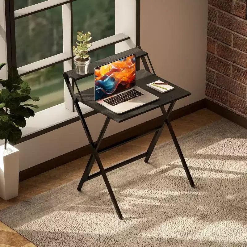 HOMCOM Petit Bureau Pliant, Bureau Informatique Pliable avec Étagère Moniteur, Table d'Écriture pour Petits Espaces, Bureau à Domicile, Étude, Assemblage Facile
