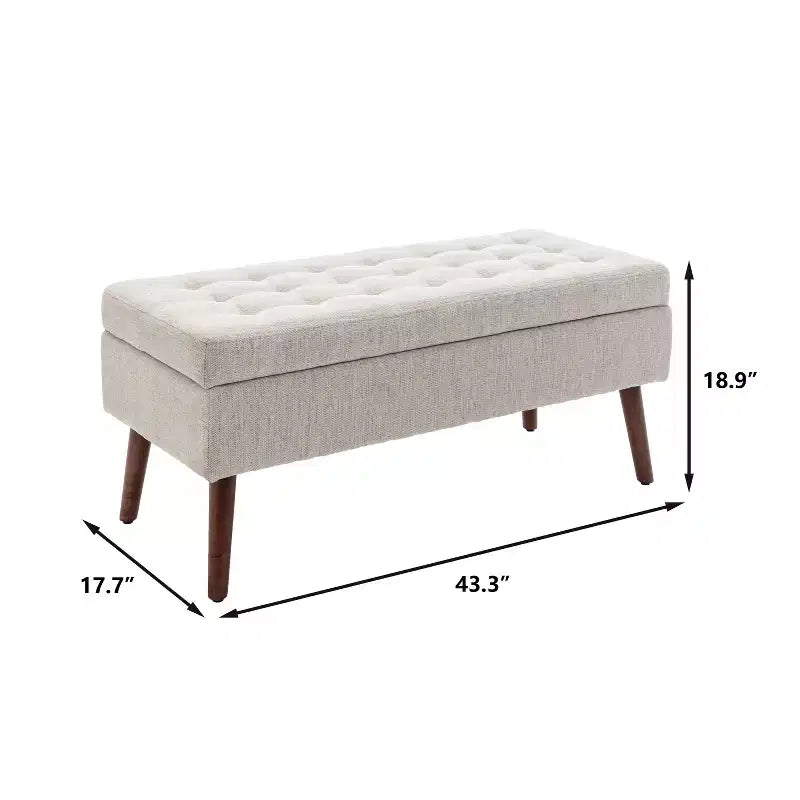 Banc de rangement 43,3W pour chambre à coucher, banc de bout de lit, pouf d'entrée avec pieds en bois massif, revêtement en lin/cuir PU, capacité de 136 kg - ModernLuxe
