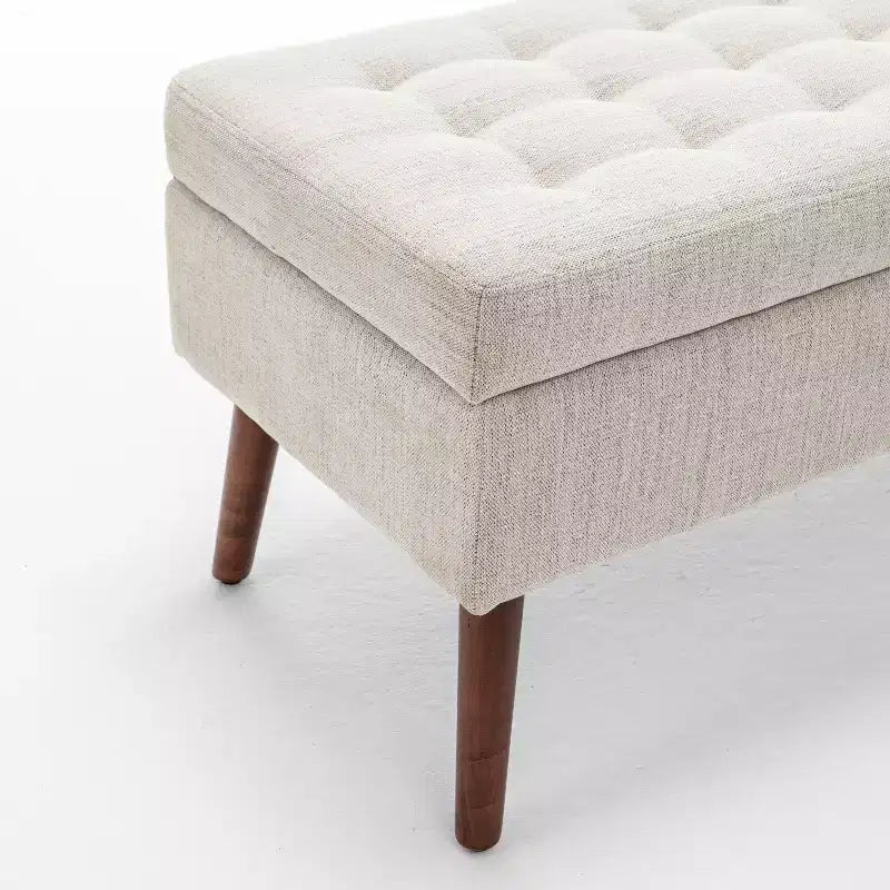 Banc de rangement 43,3W pour chambre à coucher, banc de bout de lit, pouf d'entrée avec pieds en bois massif, revêtement en lin/cuir PU, capacité de 136 kg - ModernLuxe