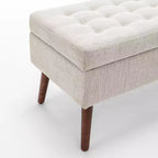 Banc de rangement 43,3W pour chambre à coucher, banc de bout de lit, pouf d'entrée avec pieds en bois massif, revêtement en lin/cuir PU, capacité de 136 kg - ModernLuxe