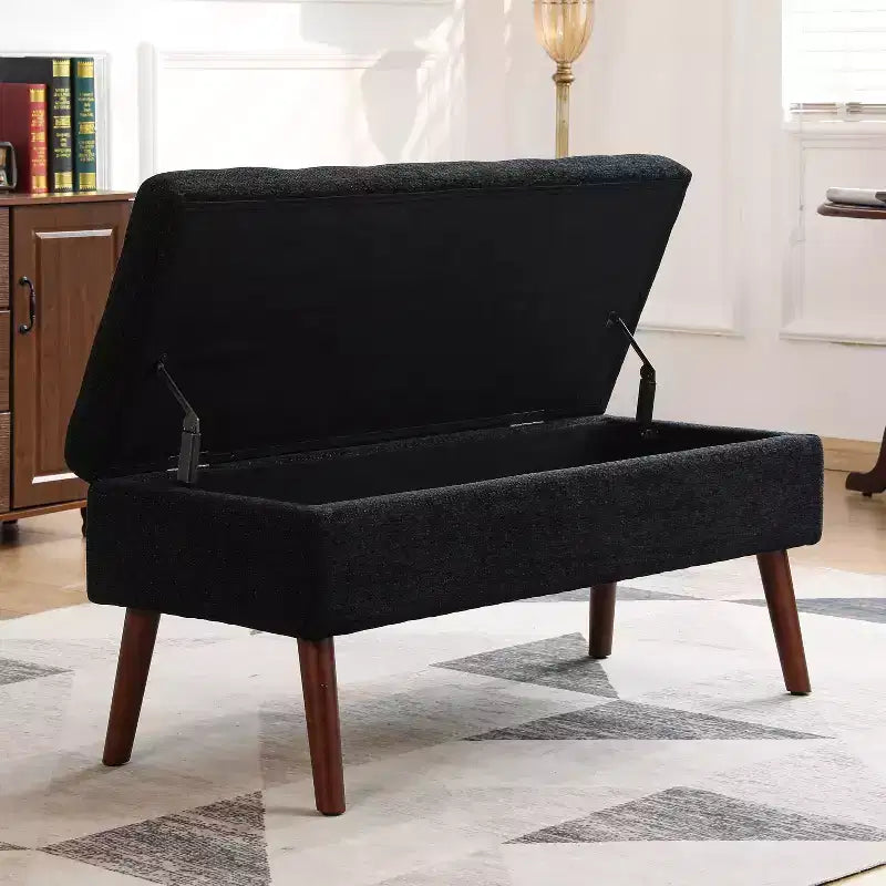 Banc de rangement 43,3W pour chambre à coucher, banc de bout de lit, pouf d'entrée avec pieds en bois massif, revêtement en lin/cuir PU, capacité de 136 kg - ModernLuxe