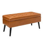 Banc de rangement 43,3W pour chambre à coucher, banc de bout de lit, pouf d'entrée avec pieds en bois massif, revêtement en lin/cuir PU, capacité de 136 kg - ModernLuxe