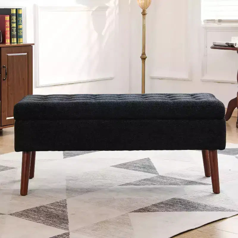 Banc de rangement 43,3W pour chambre à coucher, banc de bout de lit, pouf d'entrée avec pieds en bois massif, revêtement en lin/cuir PU, capacité de 136 kg - ModernLuxe