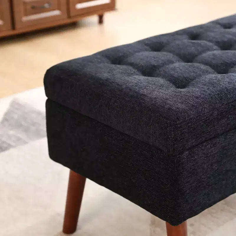 Banc de rangement 43,3W pour chambre à coucher, banc de bout de lit, pouf d'entrée avec pieds en bois massif, revêtement en lin/cuir PU, capacité de 136 kg - ModernLuxe