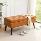 Banc de rangement 43,3W pour chambre à coucher, banc de bout de lit, pouf d'entrée avec pieds en bois massif, revêtement en lin/cuir PU, capacité de 136 kg - ModernLuxe